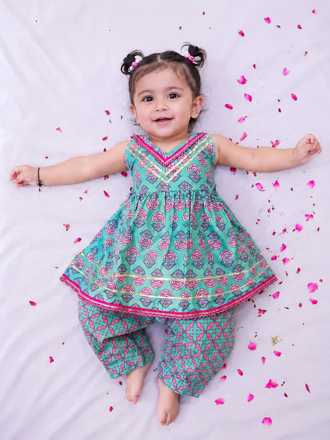 BownBee Pure Cotton Dhoti Kurta & Halter Kurti With Harem Infant Sibling Set