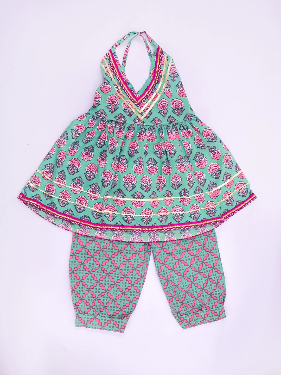 BownBee Pure Cotton Dhoti Kurta & Halter Kurti With Harem Infant Sibling Set