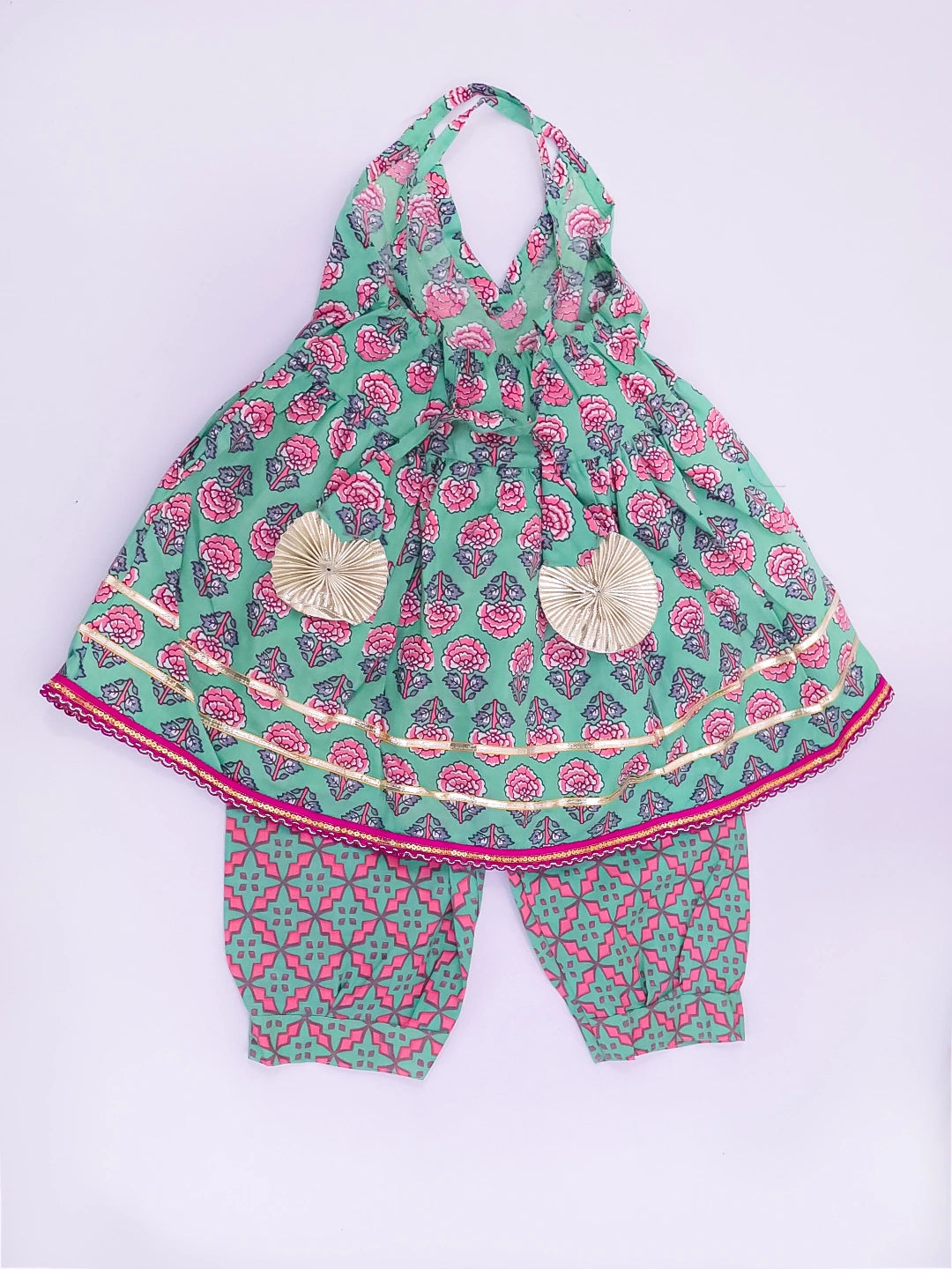 BownBee Pure Cotton Dhoti Kurta & Halter Kurti With Harem Infant Sibling Set