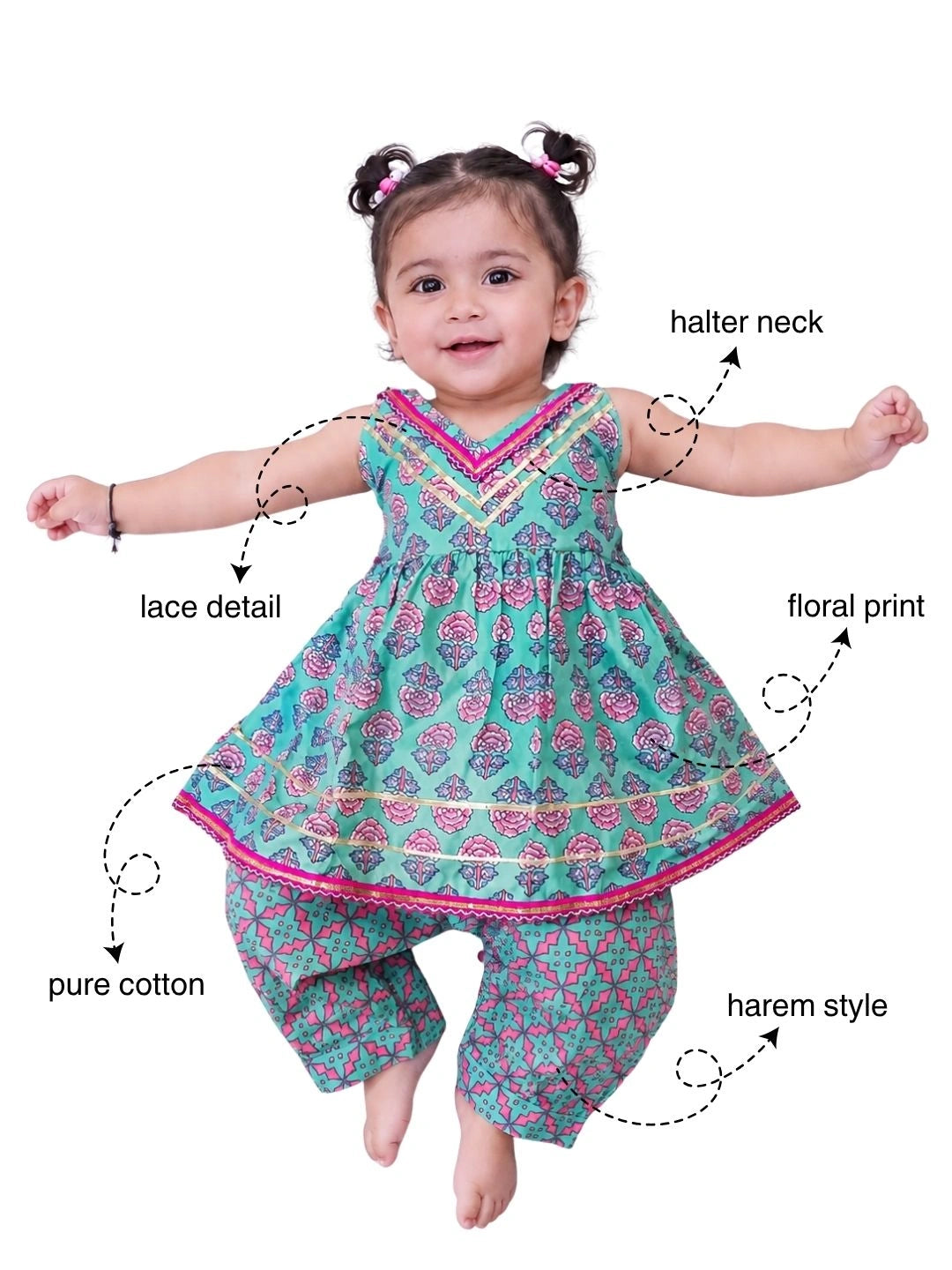 BownBee Pure Cotton Printed Halter kurti With Harem Set For Infant Girls