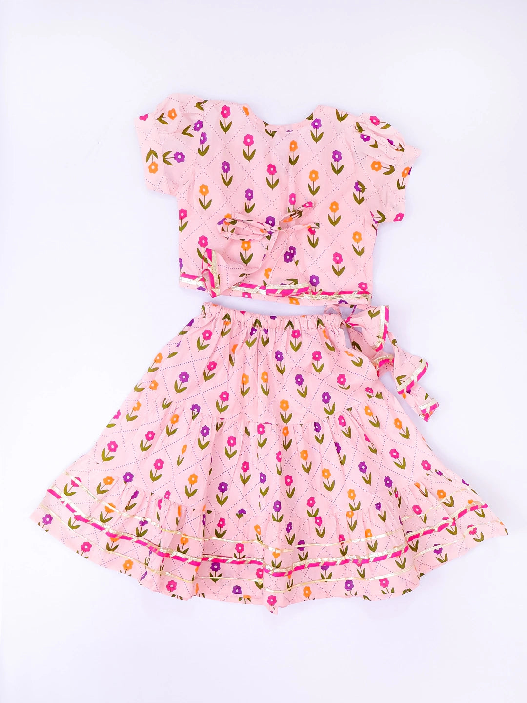 BownBee Pure Cotton Short Puff Sleeves Lehenga Choli Set For Infant Girls