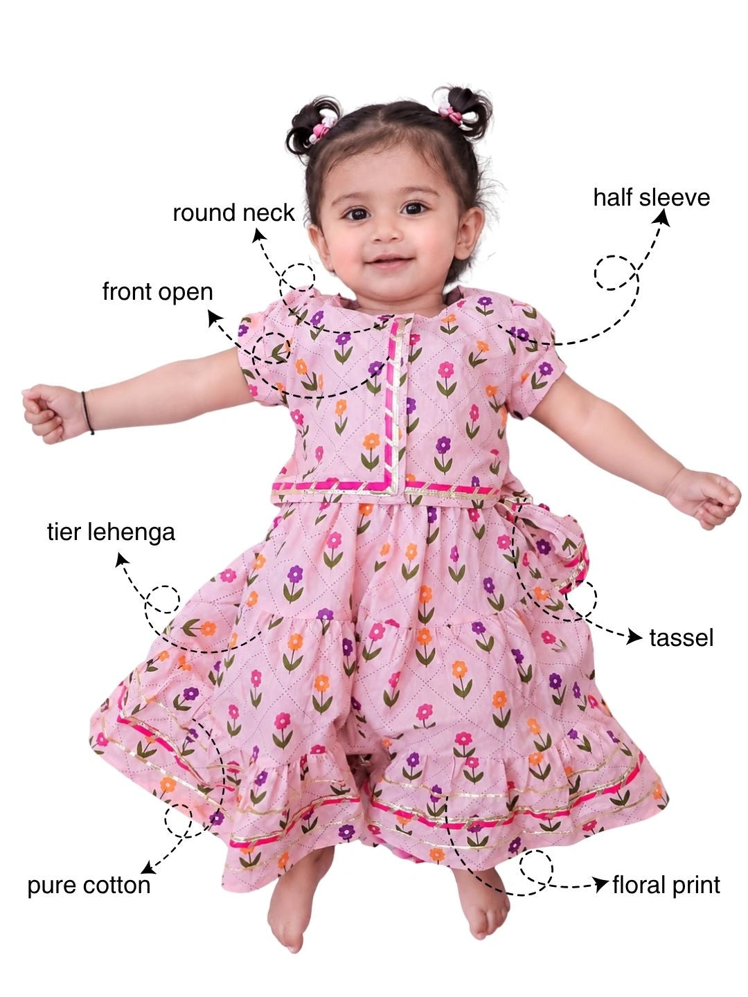 BownBee Pure Cotton Short Puff Sleeves Lehenga Choli Set For Infant Girls