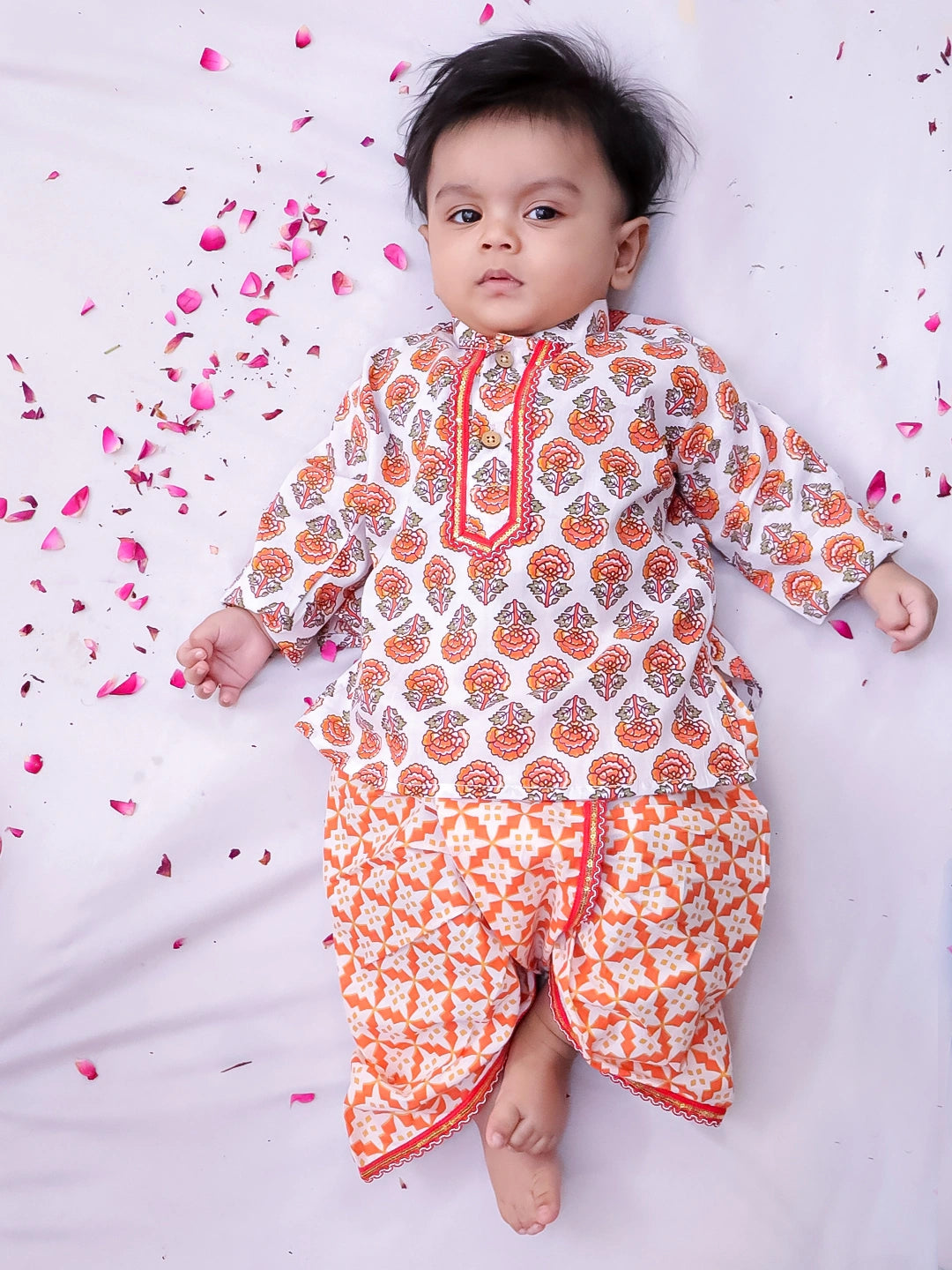 BownBee Pure Cotton Dhoti Kurta & Halter Kurti With Harem Infant Sibling Set