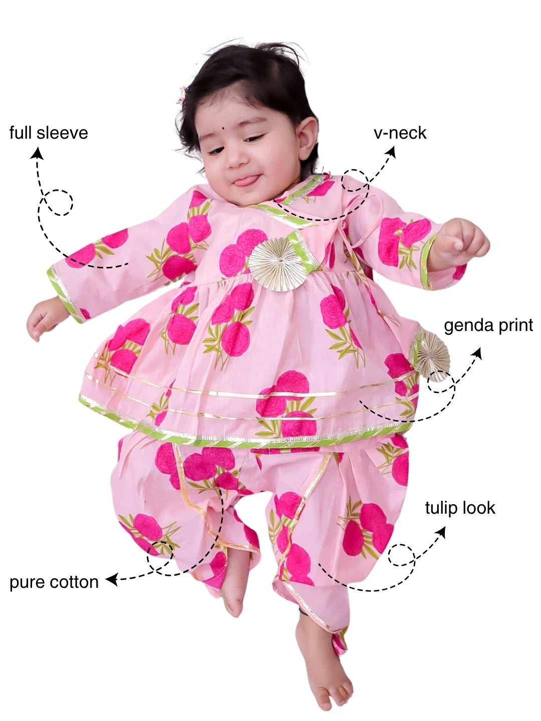 BownBee Pure Cotton Angarakha style Printed Kurti & Tulip For Infant Girls- Pink