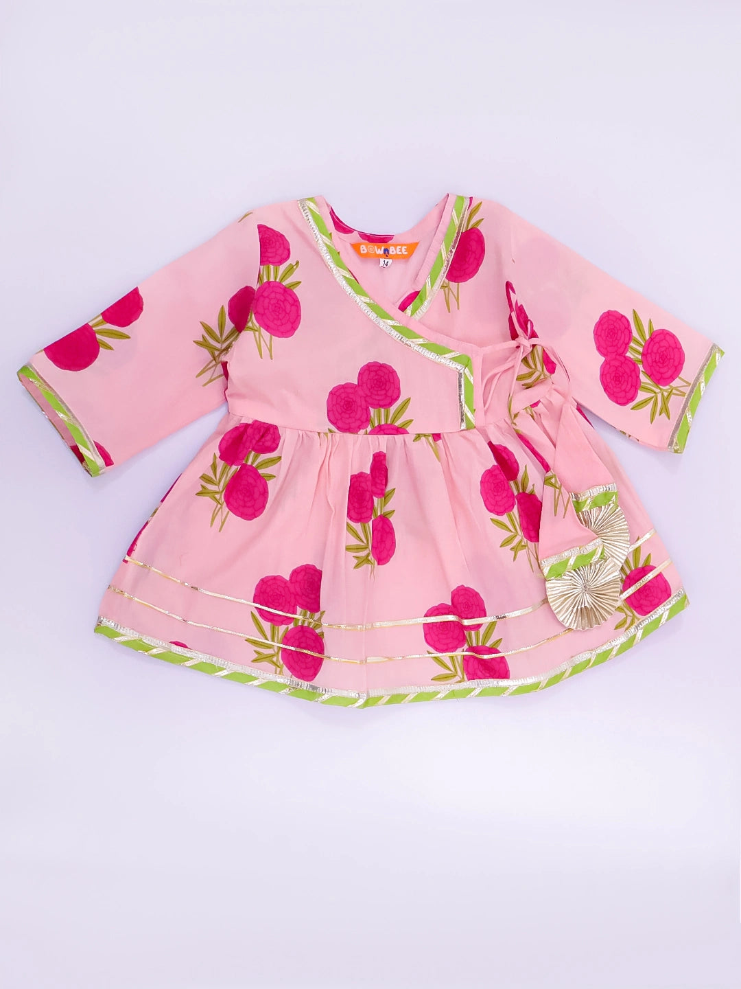 BownBee Pure Cotton Angarakha style Printed Kurti & Tulip For Infant Girls- Pink