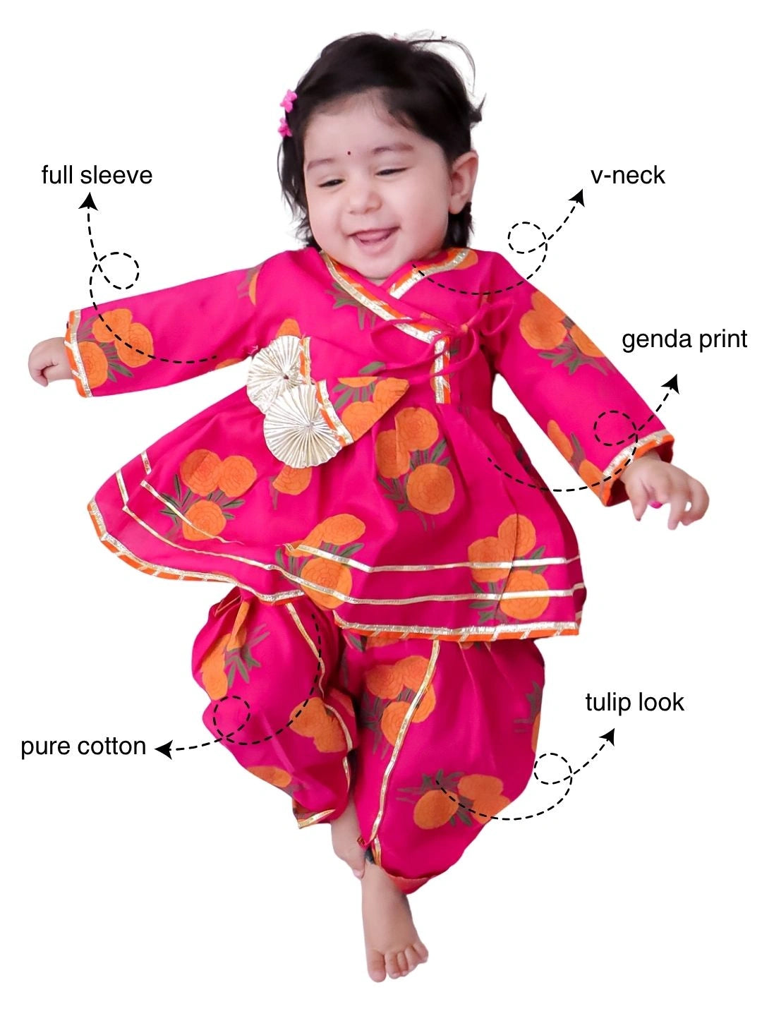 BownBee Pure Cotton Angarakha style Printed Kurti & Tulip For Infant Girls- Pink
