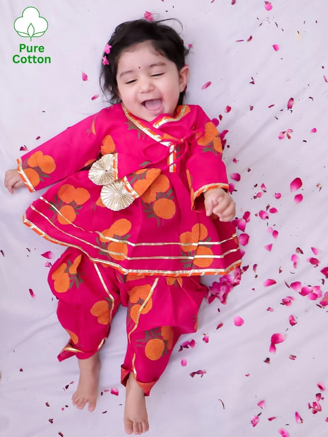 BownBee Pure Cotton Angarakha style Printed Kurti & Tulip For Infant Girls- Pink