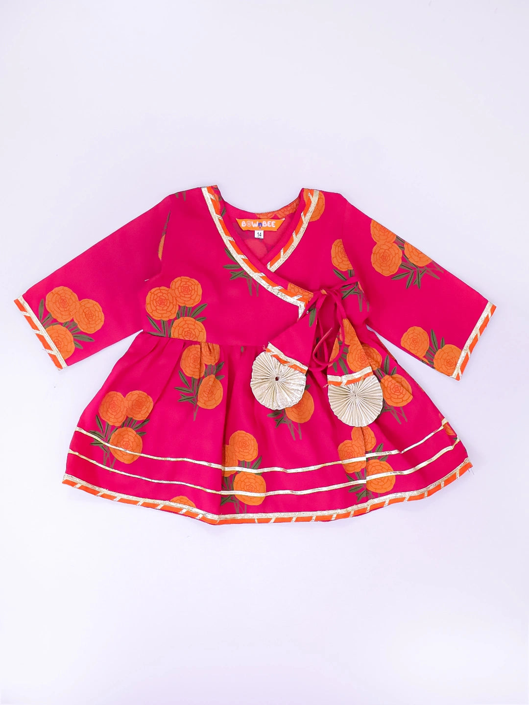 BownBee Pure Cotton Angarakha style Printed Kurti & Tulip For Infant Girls- Pink