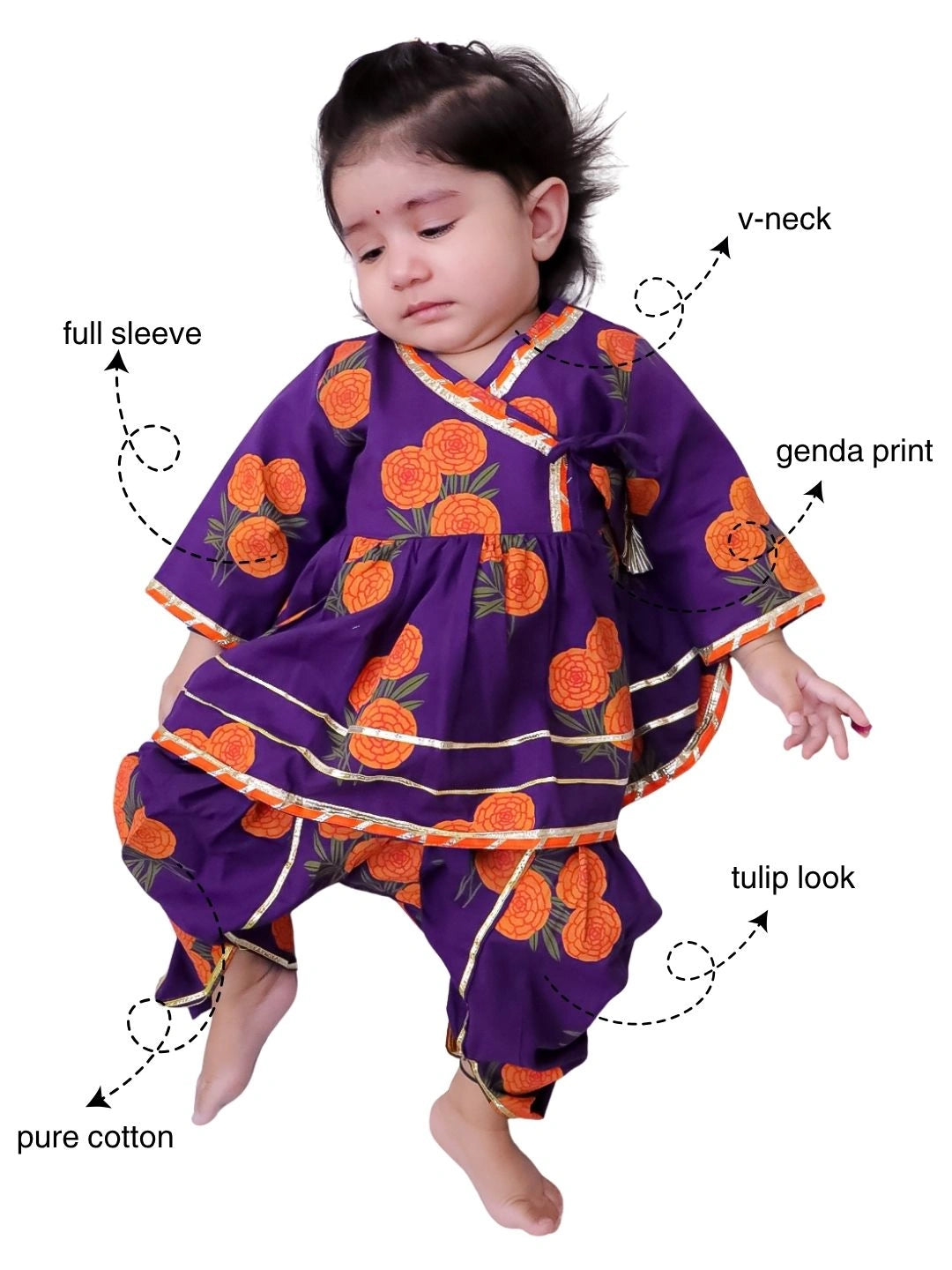 BownBee Pure Cotton Angarakha style Printed Kurti & Tulip For Infant Girls- Pink