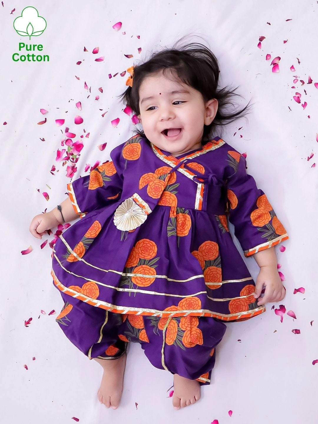BownBee Pure Cotton Angarakha style Printed Kurti & Tulip For Infant Girls- Pink