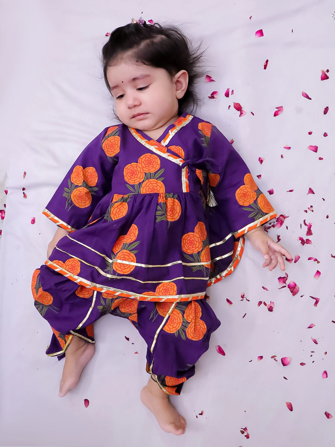 BownBee Pure Cotton Angarakha style Printed Kurti & Tulip For Infant Girls- Pink