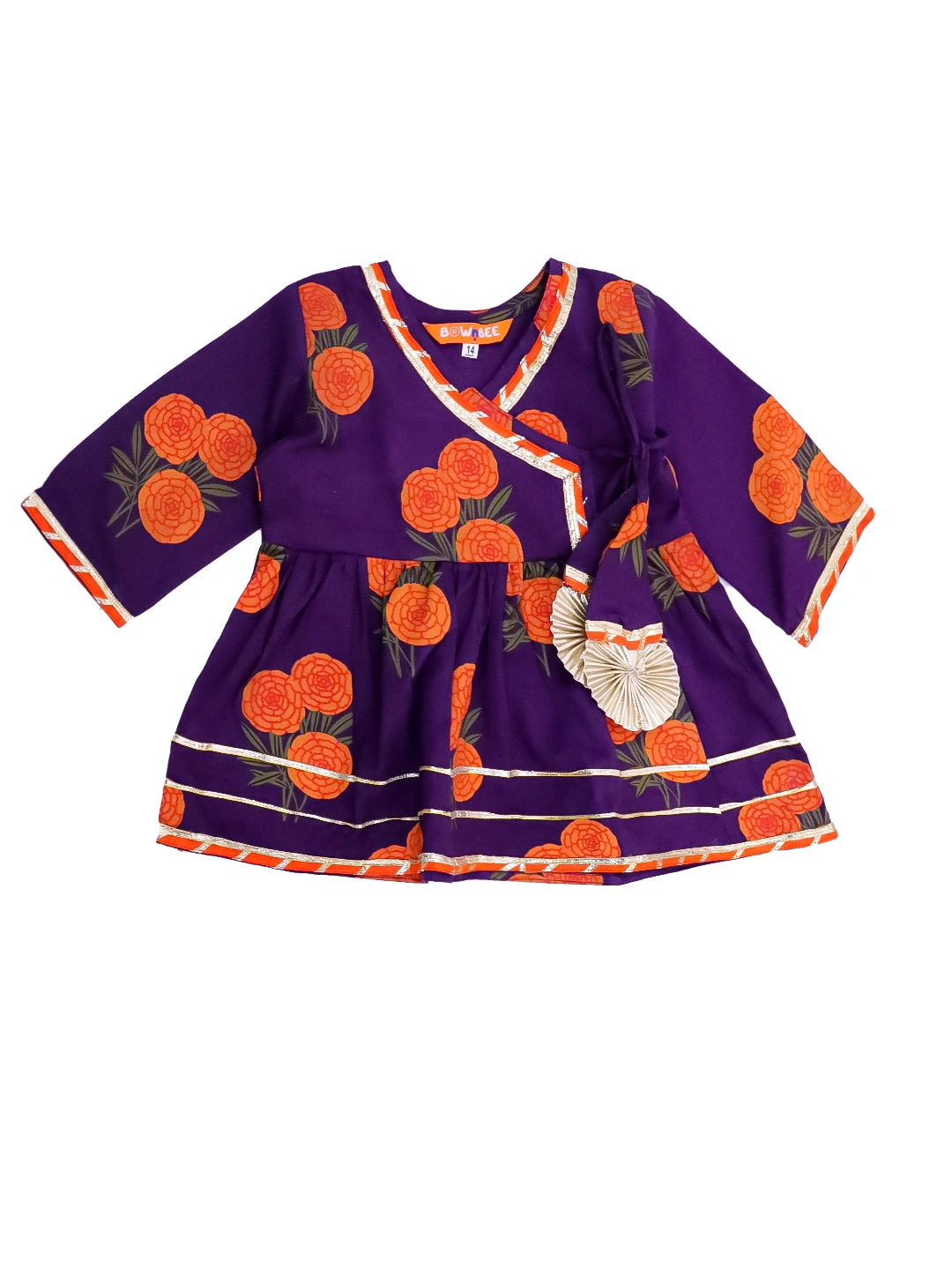 BownBee Pure Cotton Angarakha style Printed Kurti & Tulip For Infant Girls- Pink