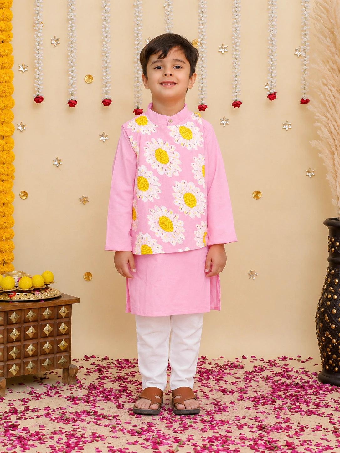BownBee Pure Cotton Kurta Pajama With Printed Attached Jacket & Printed Kurti With Pants Sibling Set