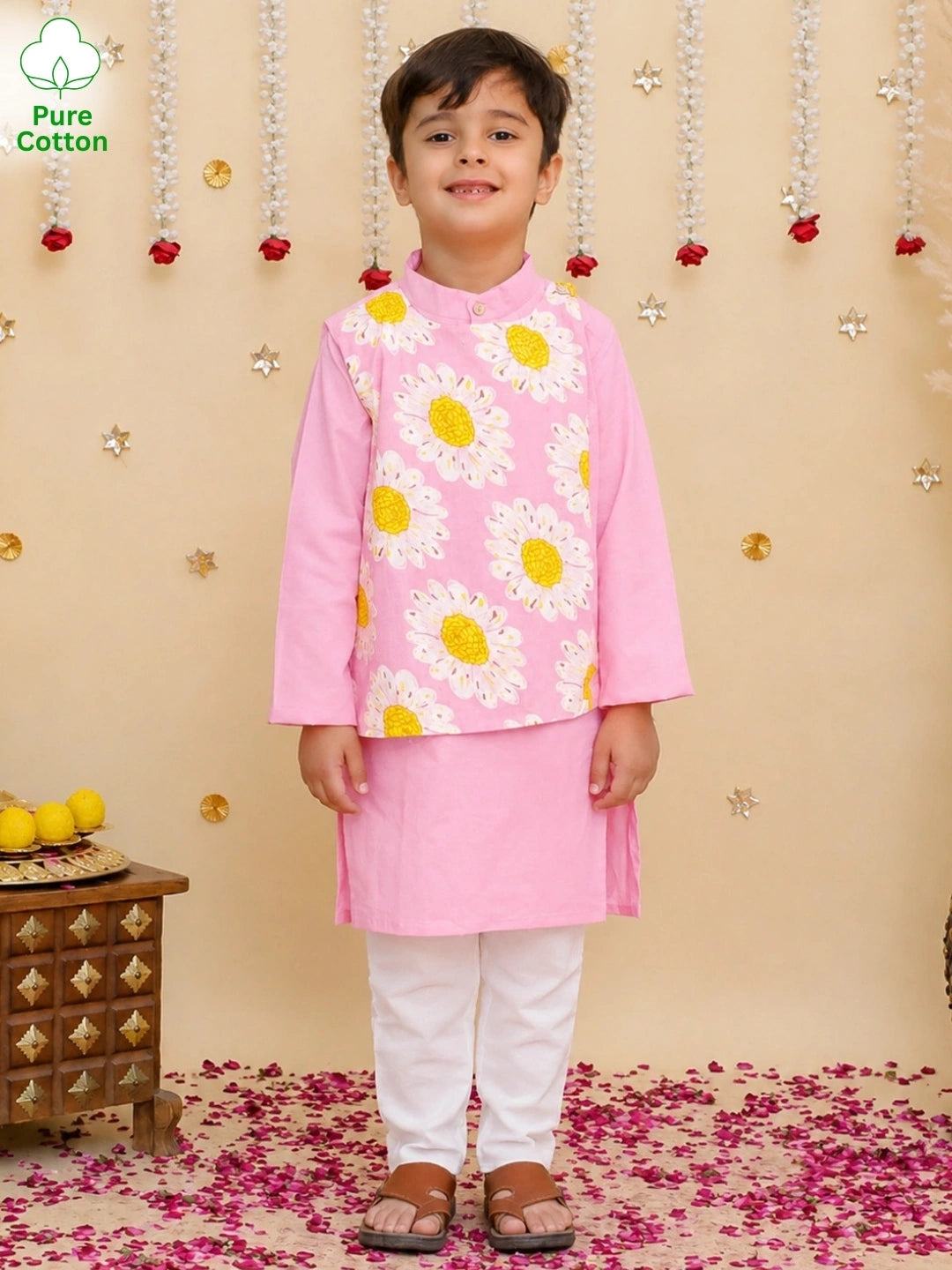 BownBee Pure Cotton Kurta Pajama With Printed Attached Jacket Set For Boys