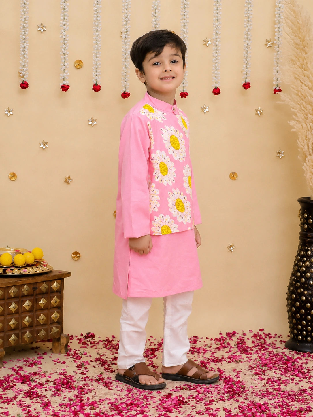 BownBee Pure Cotton Kurta Pajama With Printed Attached Jacket & Printed Kurti With Pants Sibling Set
