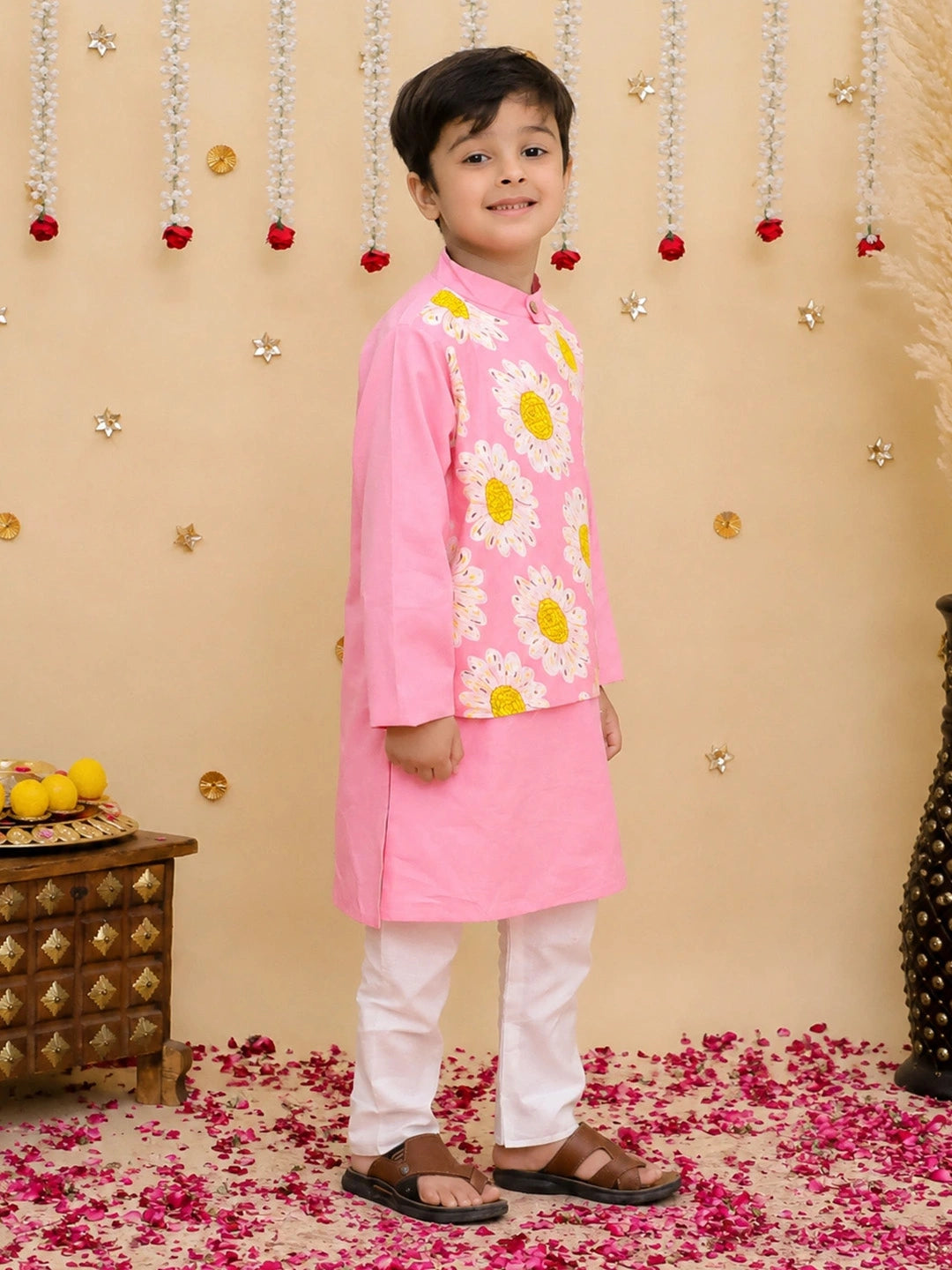 BownBee Pure Cotton Kurta Pajama With Printed Attached Jacket Set For Boys
