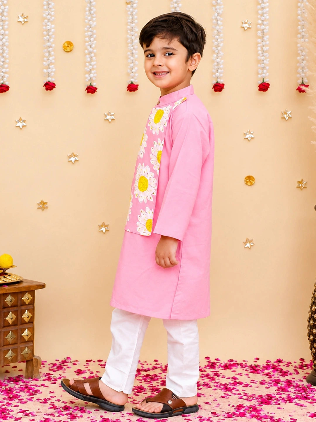 BownBee Pure Cotton Kurta Pajama With Printed Attached Jacket Set For Boys