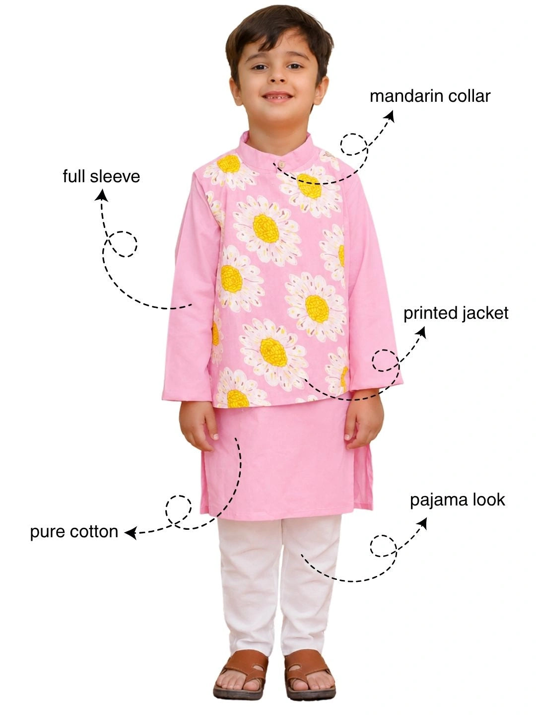 BownBee Pure Cotton Kurta Pajama With Printed Attached Jacket Set For Boys