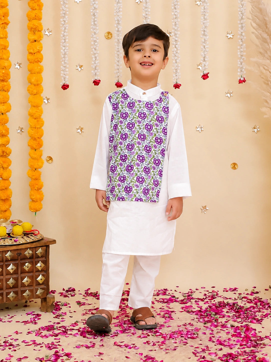 BownBee Pure Cotton Kurta Pajama With Printed Attached Jacket & Printed Kurti With Pants Sibling Set