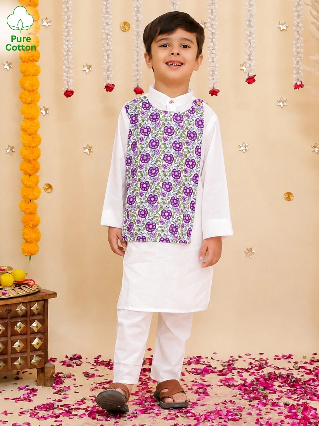 BownBee Pure Cotton Kurta Pajama With Printed Attached Jacket Set For Boys