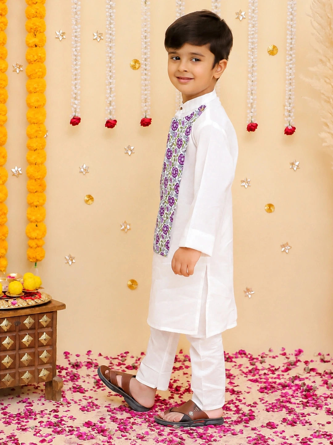 BownBee Pure Cotton Kurta Pajama With Printed Attached Jacket Set For Boys