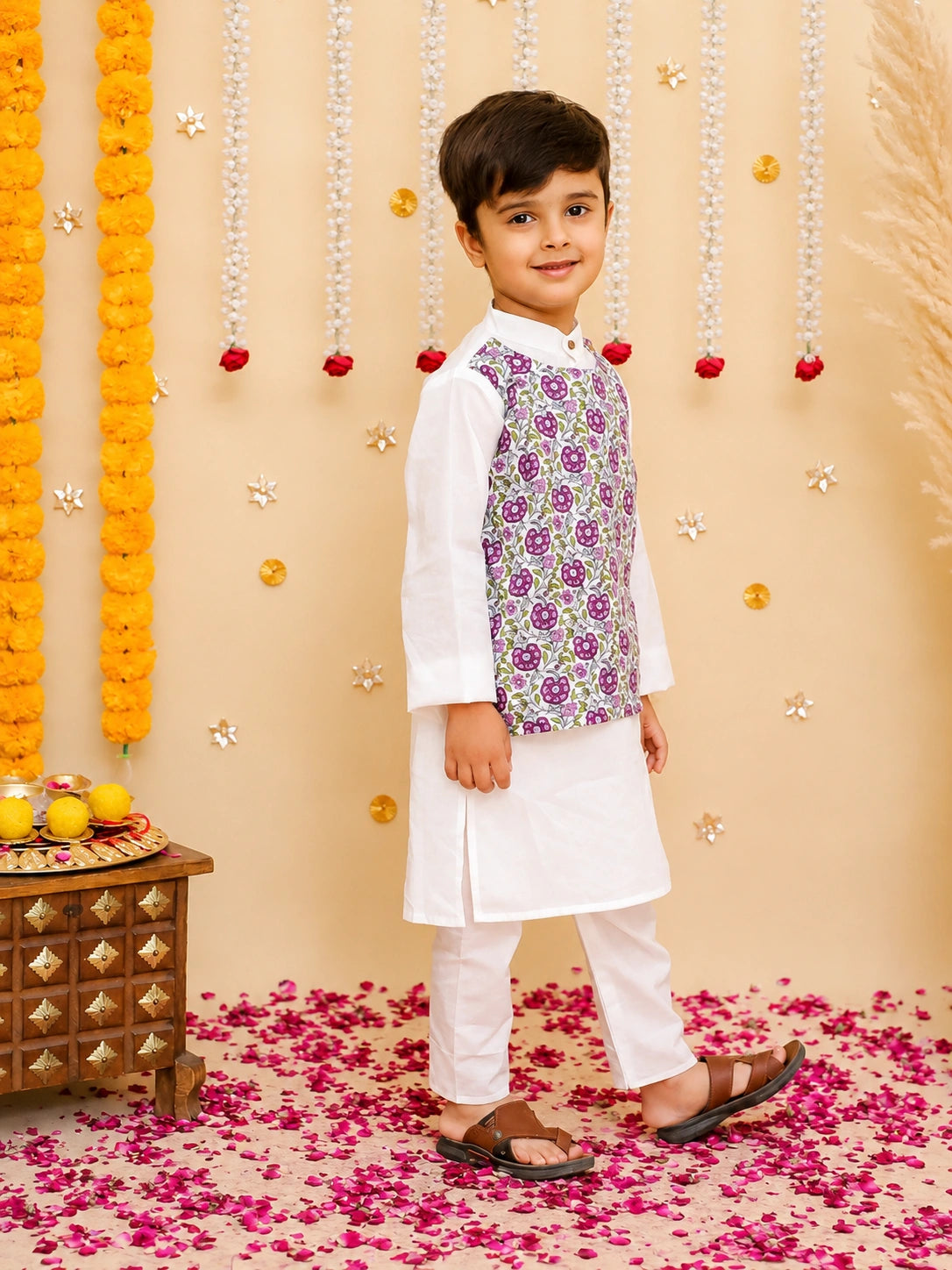 BownBee Pure Cotton Kurta Pajama With Printed Attached Jacket & Printed Kurti With Pants Sibling Set