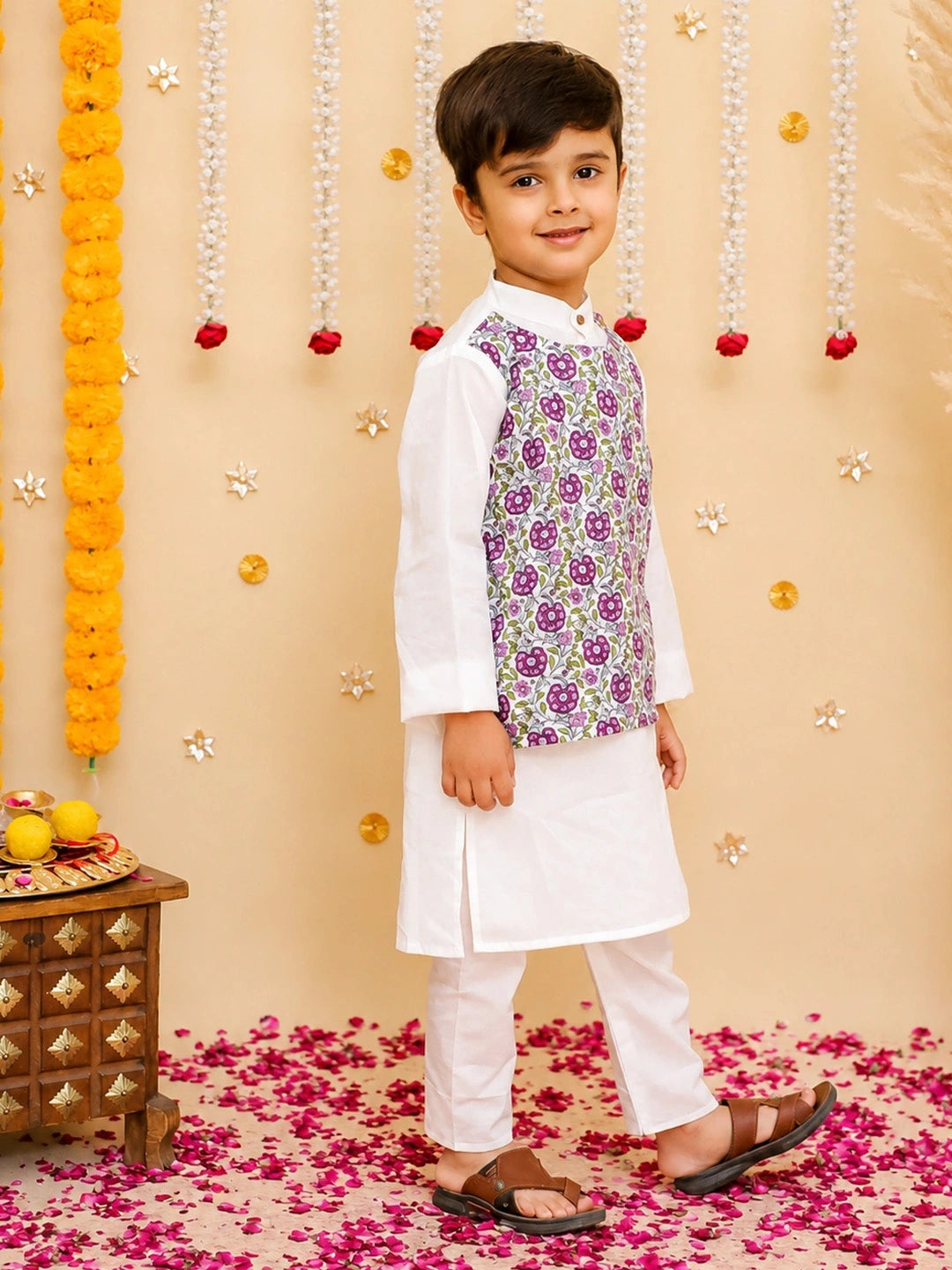 BownBee Pure Cotton Kurta Pajama With Printed Attached Jacket Set For Boys