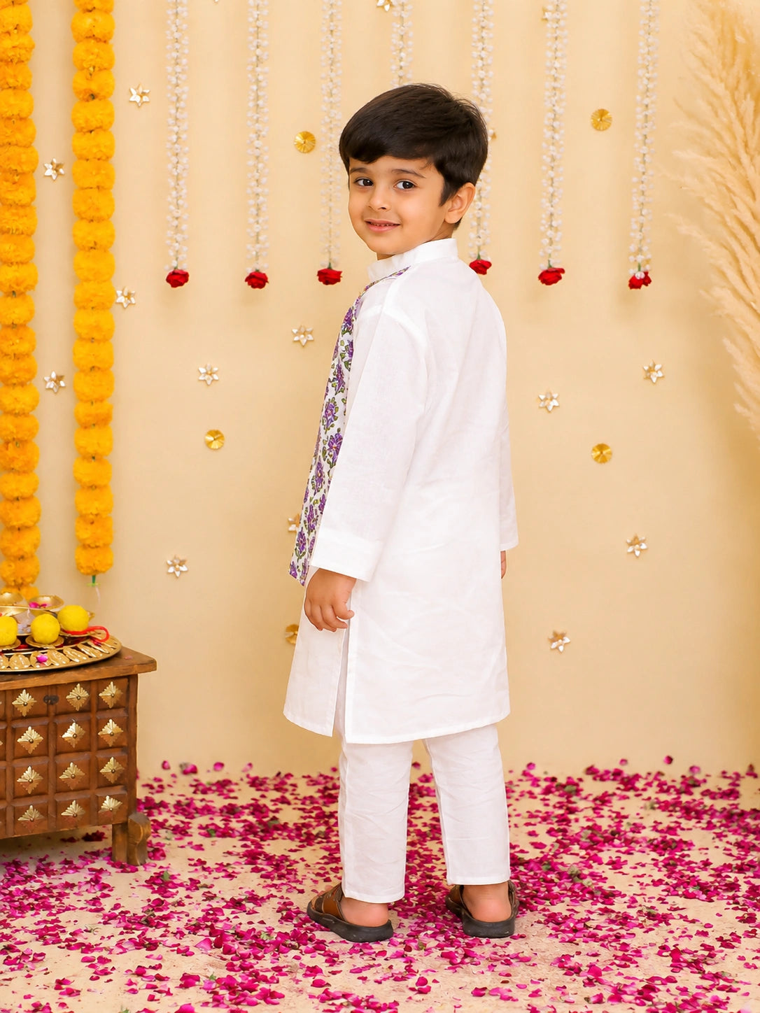 BownBee Pure Cotton Kurta Pajama With Printed Attached Jacket & Printed Kurti With Pants Sibling Set