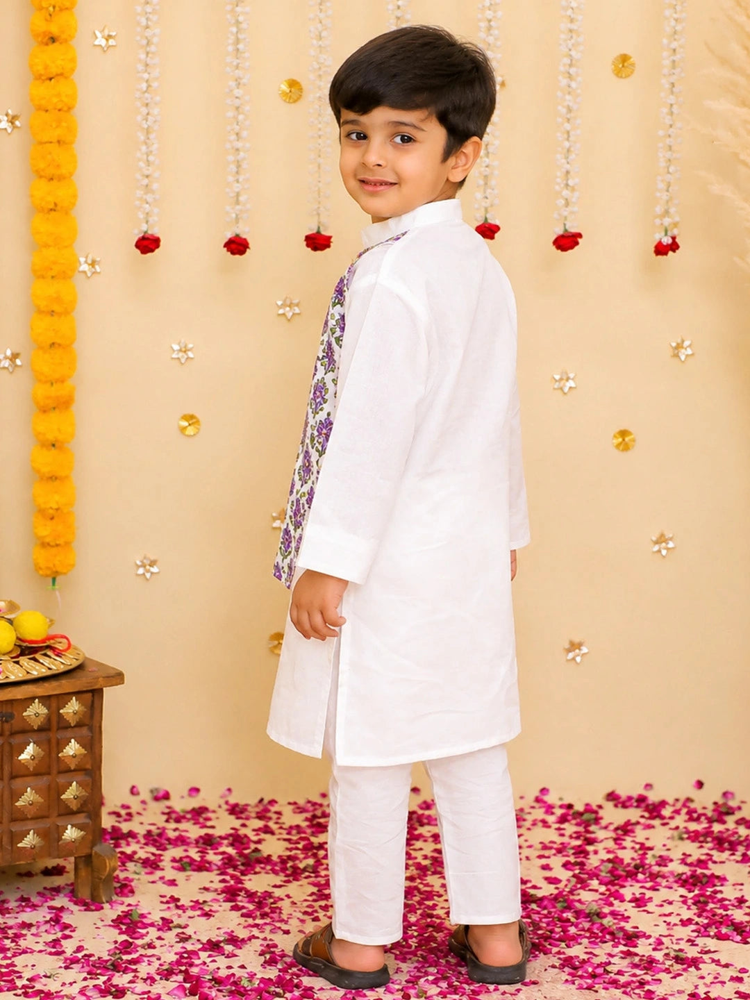 BownBee Pure Cotton Kurta Pajama With Printed Attached Jacket Set For Boys