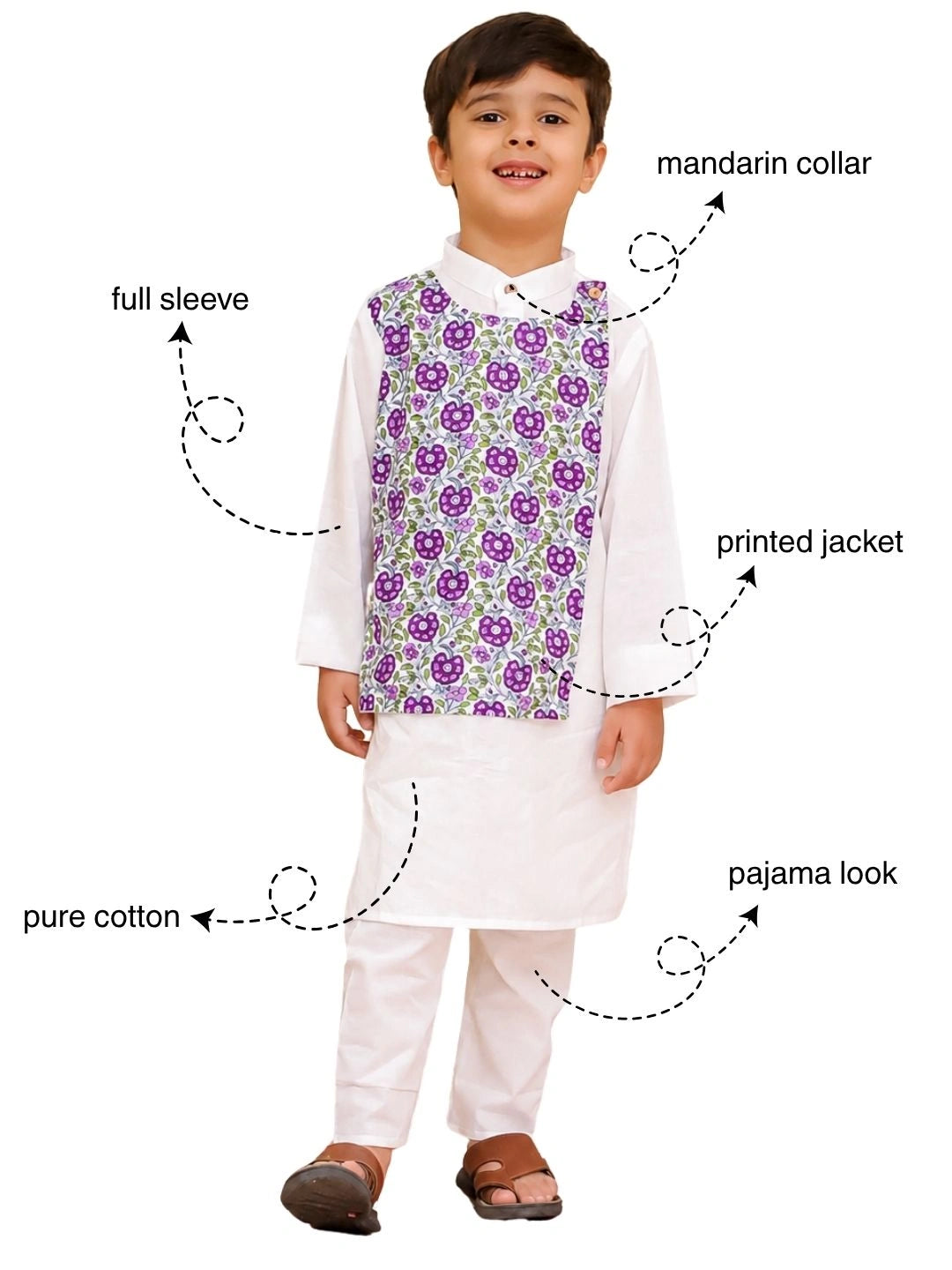 BownBee Pure Cotton Kurta Pajama With Printed Attached Jacket Set For Boys