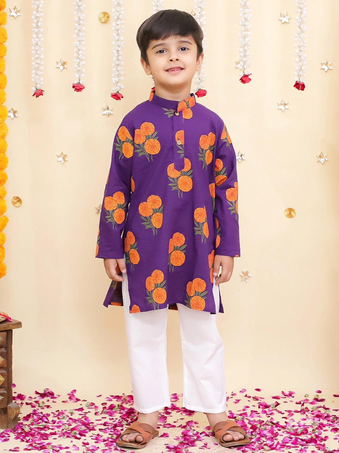 BownBee Genda Phool Printed Family Matching Ethnic Combo Set