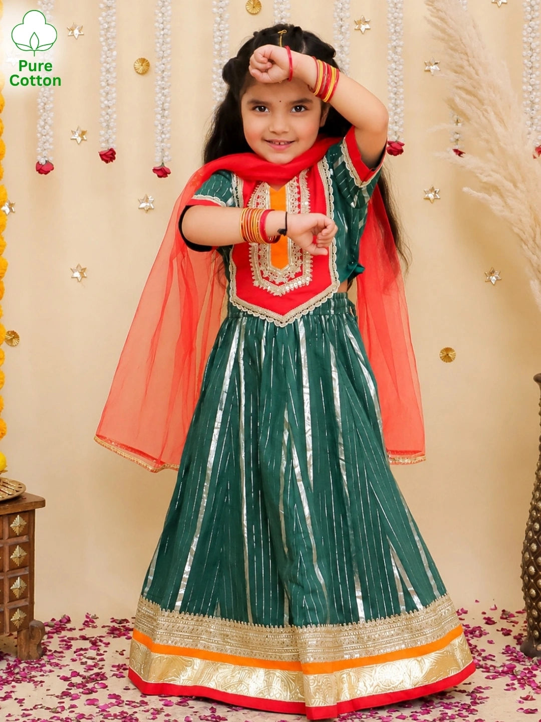 BownBee Pure Cotton Lurex Lehanga Choli & Dupatta set For Girls