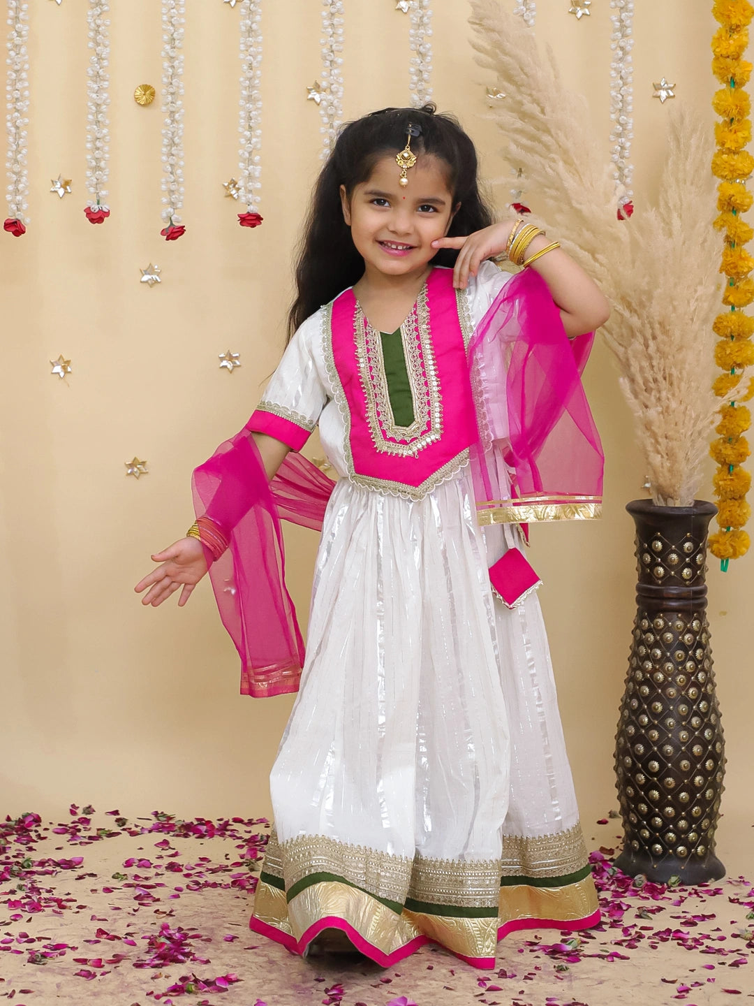 BownBee Pure Cotton Lurex Dhoti Kurta & Lehenga Choli With Dupatta Sibling Set