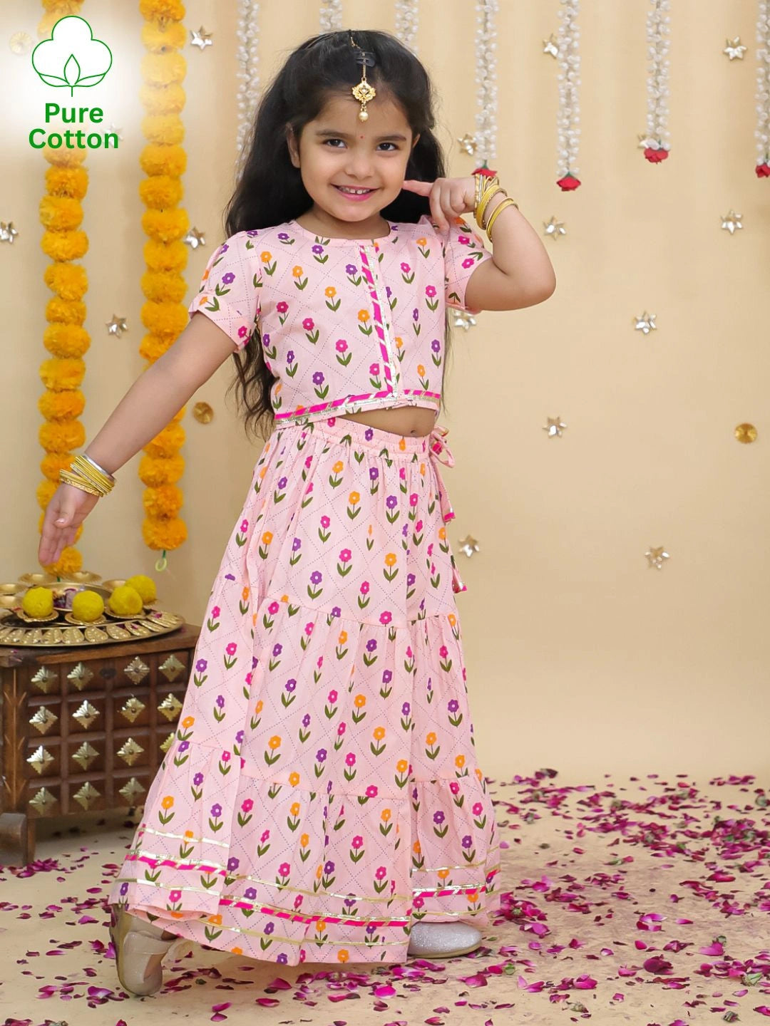 BownBee Pure Cotton Short Puff Sleeves Lehenga Choli Set For Girls