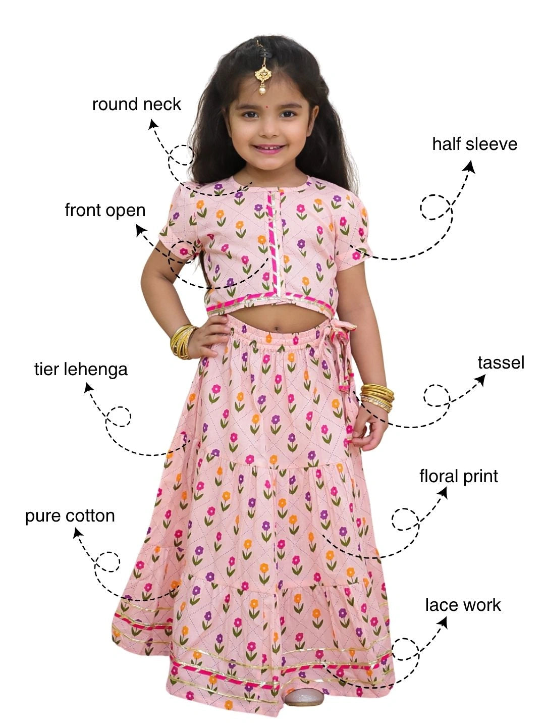 BownBee Pure Cotton Short Puff Sleeves Lehenga Choli Set For Girls