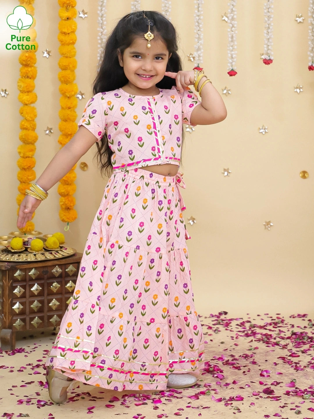 BownBee Pure Cotton Short Puff Sleeves Lehenga Choli Set For Girls