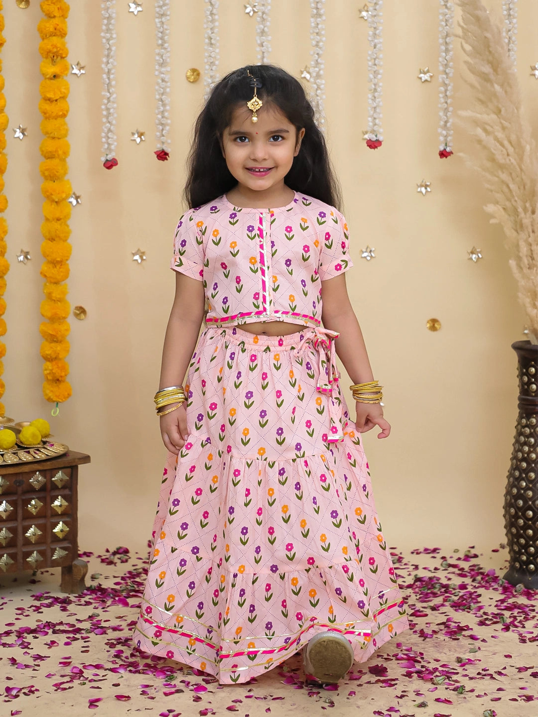 BownBee Pure Cotton Short Puff Sleeves Lehenga Choli Set For Girls