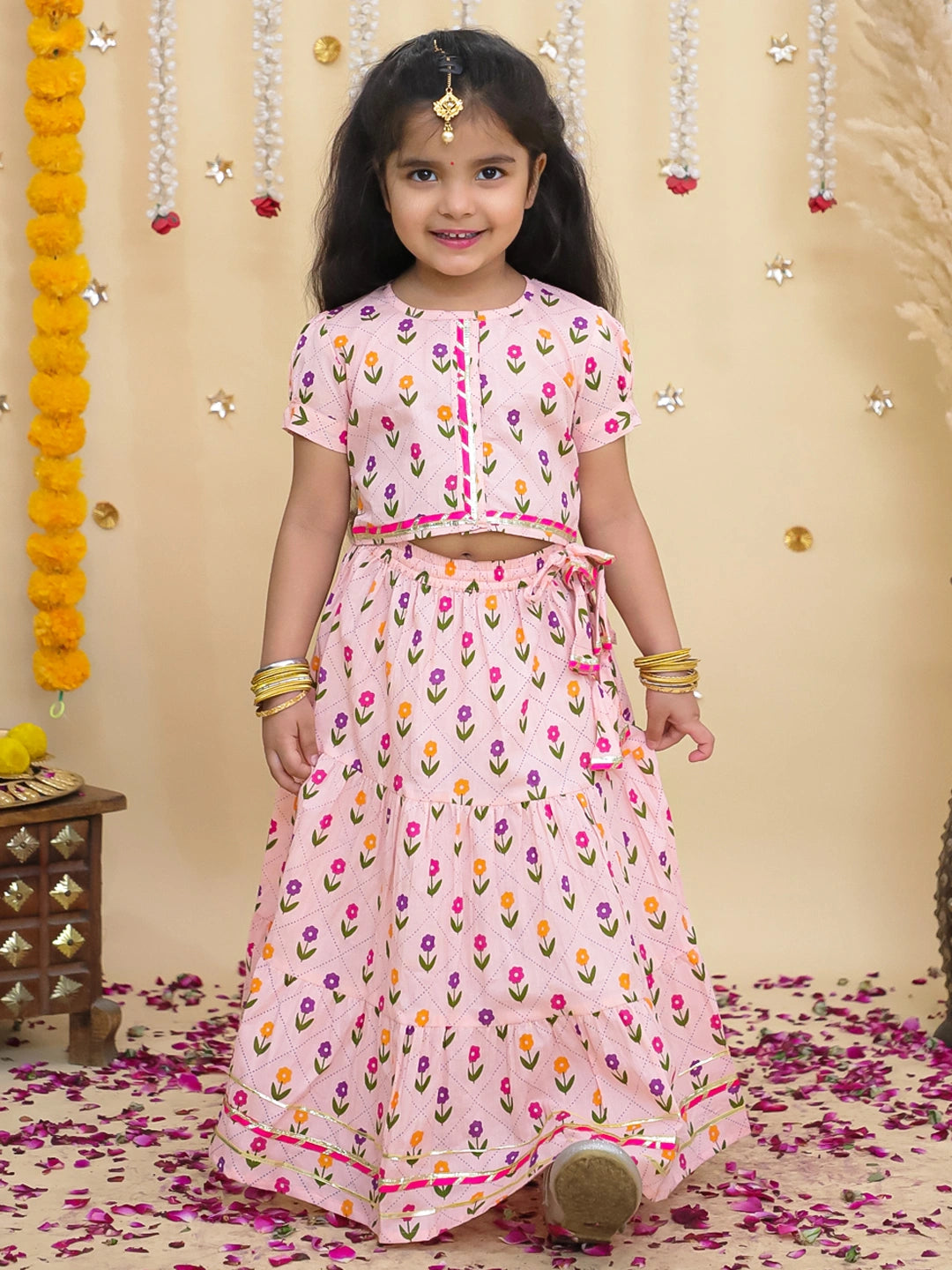 BownBee Pure Cotton Short Puff Sleeves Lehenga Choli Set For Girls