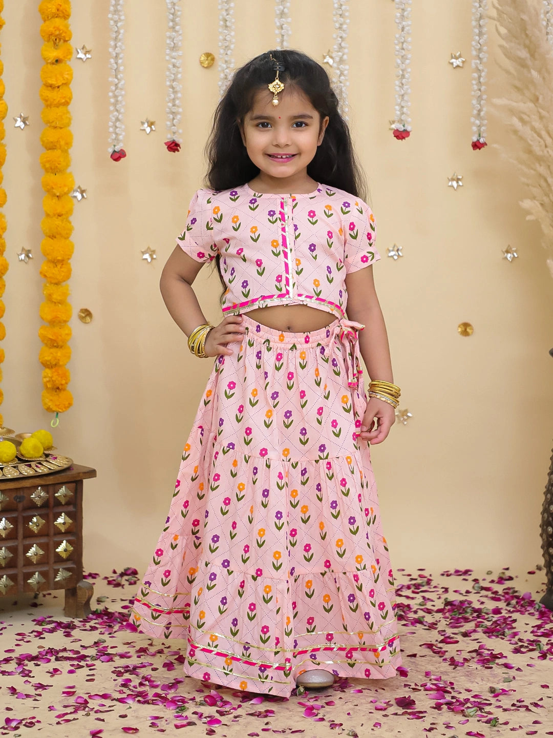 BownBee Pure Cotton Short Puff Sleeves Lehenga Choli Set For Girls