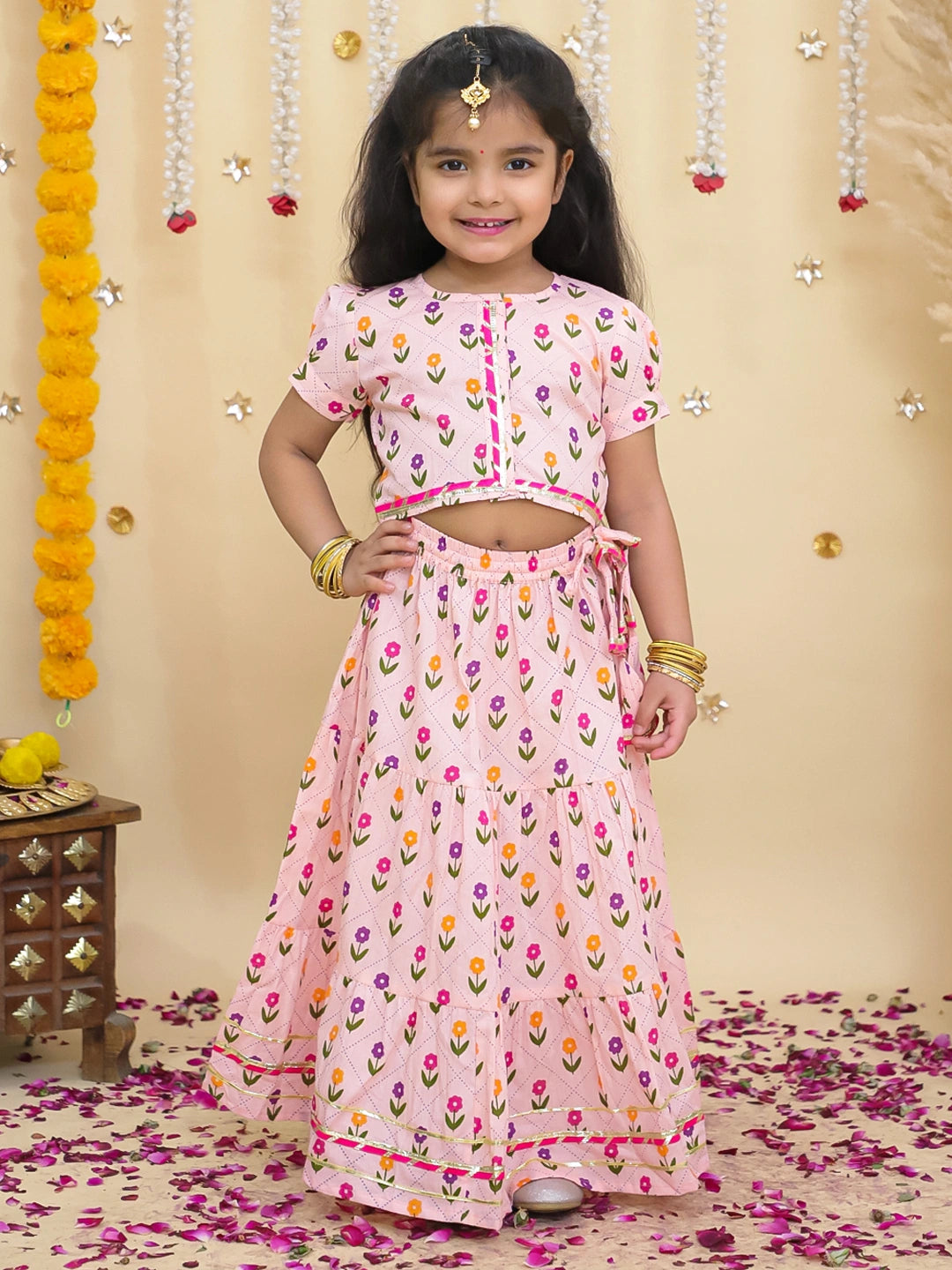 BownBee Pure Cotton Short Puff Sleeves Lehenga Choli Set For Girls