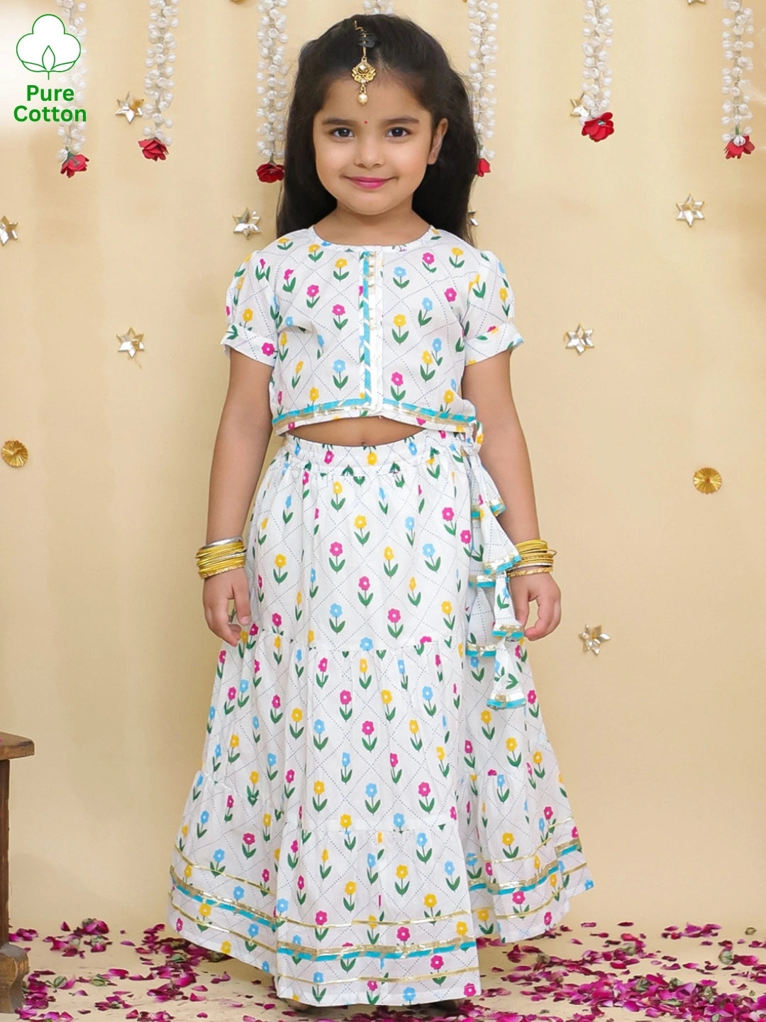 BownBee Pure Cotton Short Puff Sleeves Lehenga Choli Set For Girls