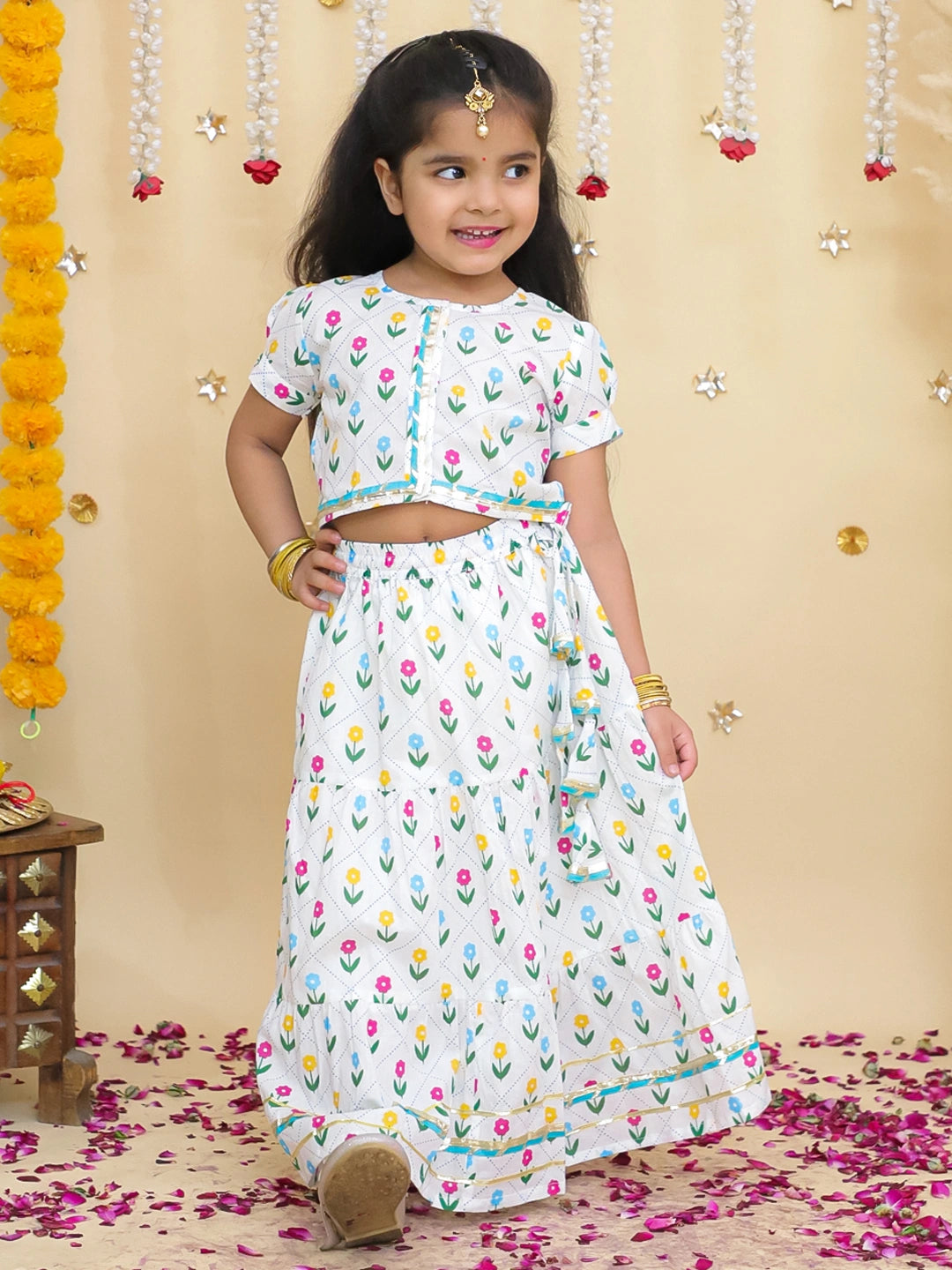 BownBee Pure Cotton Short Puff Sleeves Lehenga Choli Set For Girls