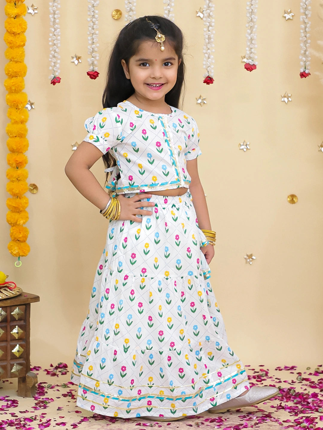 BownBee Pure Cotton Short Puff Sleeves Lehenga Choli Set For Girls