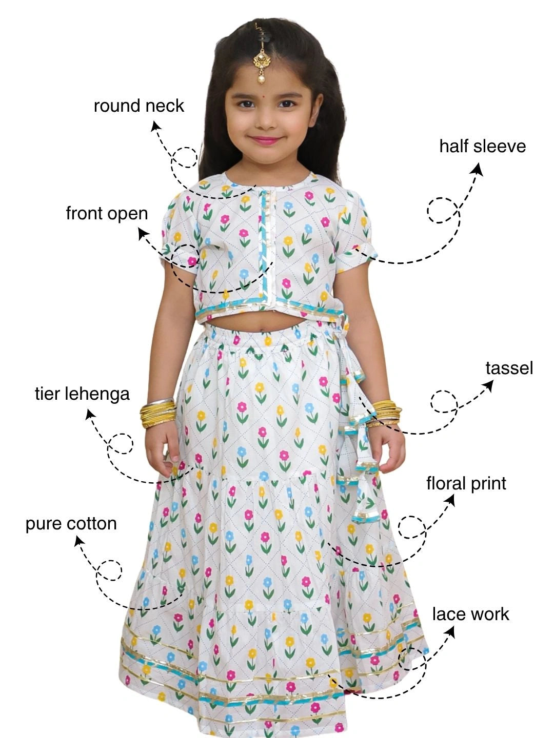 BownBee Pure Cotton Short Puff Sleeves Lehenga Choli Set For Girls