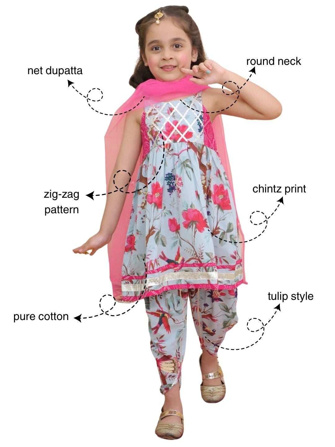 BownBee Pure Cotton Printed kurti With Tulip Dhoti & Dupatta Set For Girls
