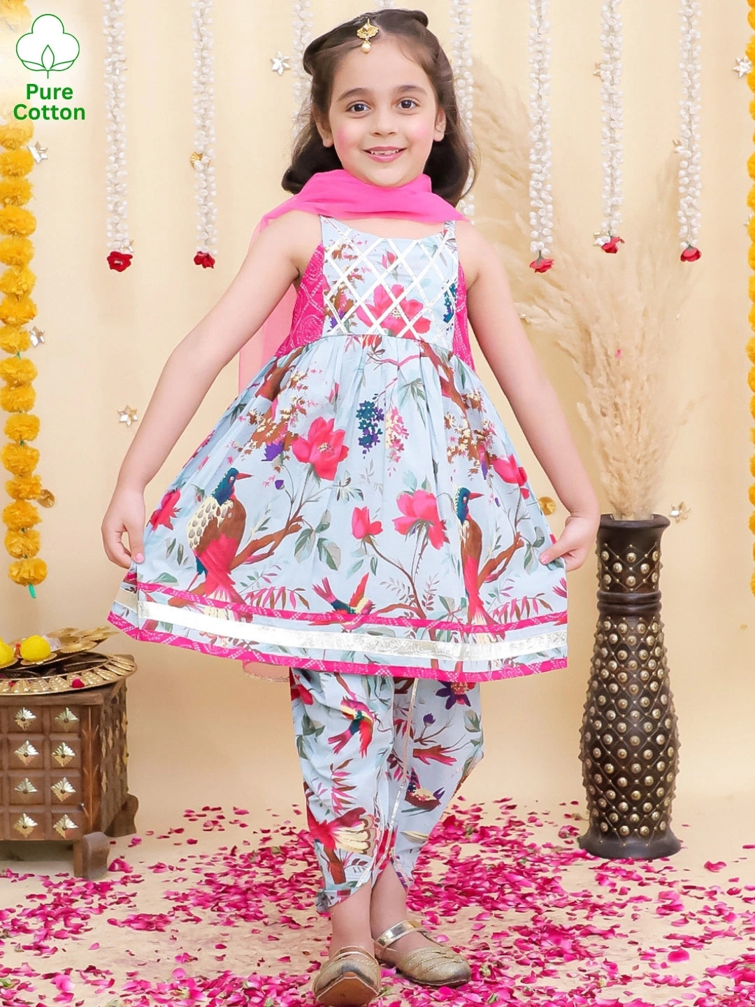 BownBee Pure Cotton Printed kurti With Tulip Dhoti & Dupatta Set For Girls