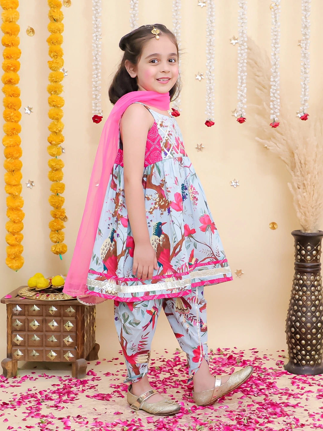 BownBee Pure Cotton Printed kurti With Tulip Dhoti & Dupatta Set For Girls