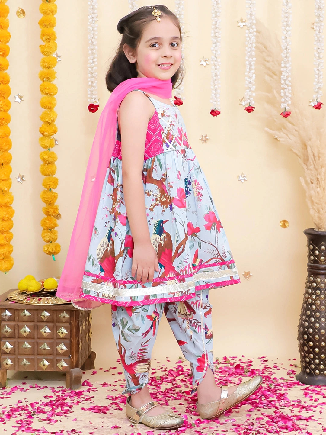 BownBee Pure Cotton Printed kurti With Tulip Dhoti & Dupatta Set For Girls