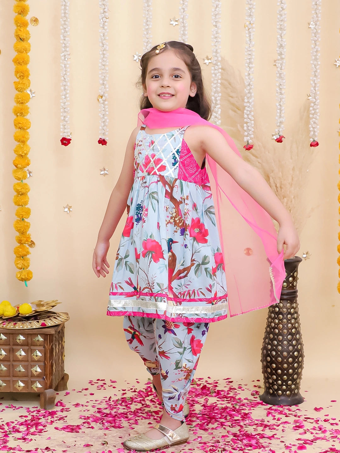 BownBee Pure Cotton Printed kurti With Tulip Dhoti & Dupatta Set For Girls