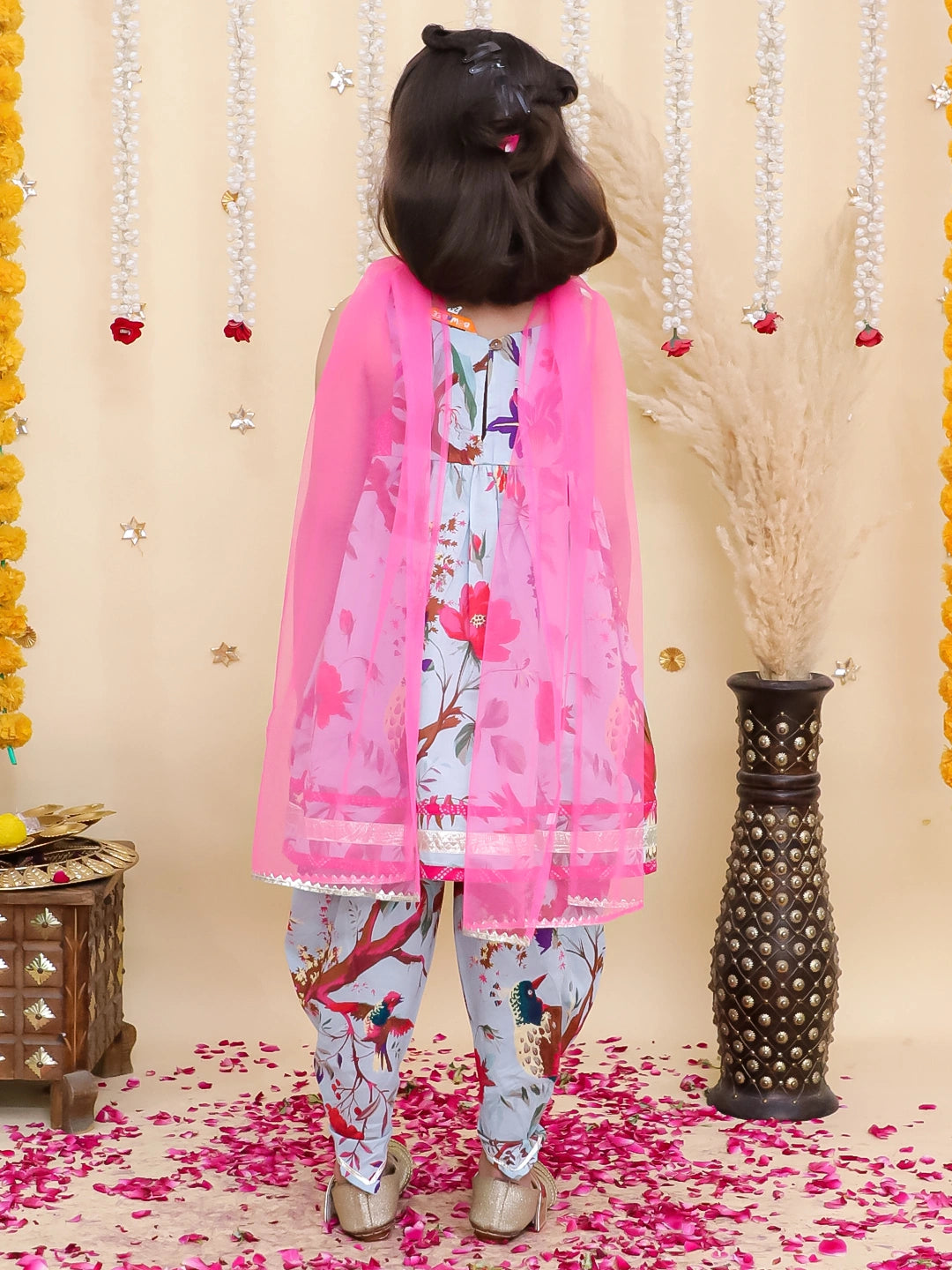 BownBee Pure Cotton Printed kurti With Tulip Dhoti & Dupatta Set For Girls